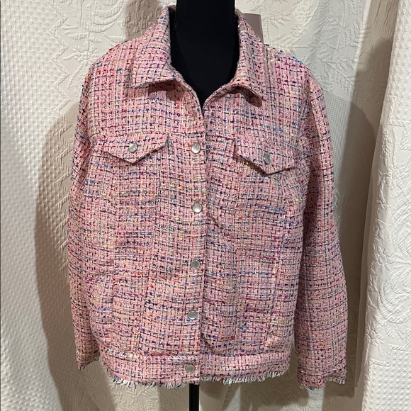 Belle by Kim Gravel Jackets & Blazers - Belle by Kim Gravel Girl Boss Boucle Rainbow Jacket in pink tweed, size XL, NWT